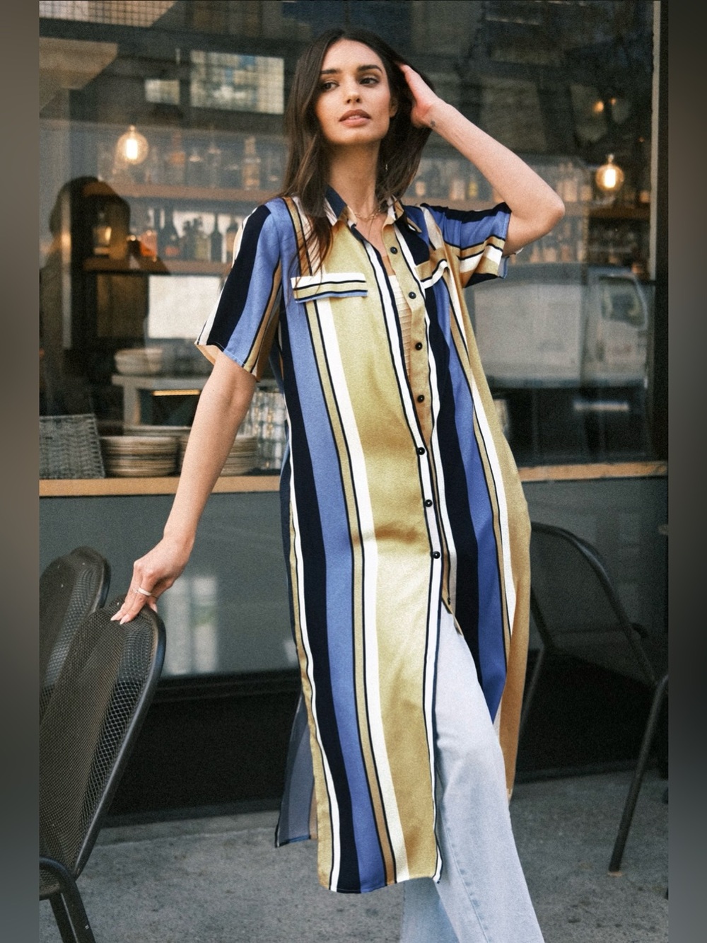 Cupshe • Women’s Blue & Yellow Stripe Collared Front Button Midi T-Shirt Dress